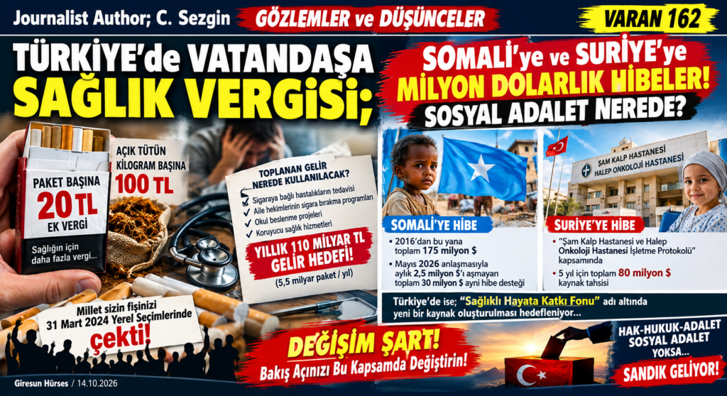 Türkiye’de Vatandaşa Sağlık Vergisi;    Somali’ye ve Suriye’ye Milyon Dolarlık Hibeler! Sosyal Adalet Nerede?